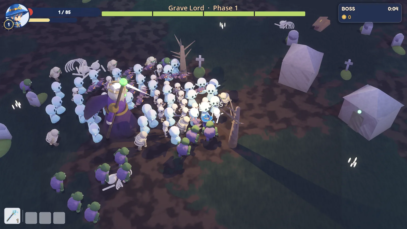 The Sorceress surrounded by skeletons in the Graveyard, facing the Grave Lord