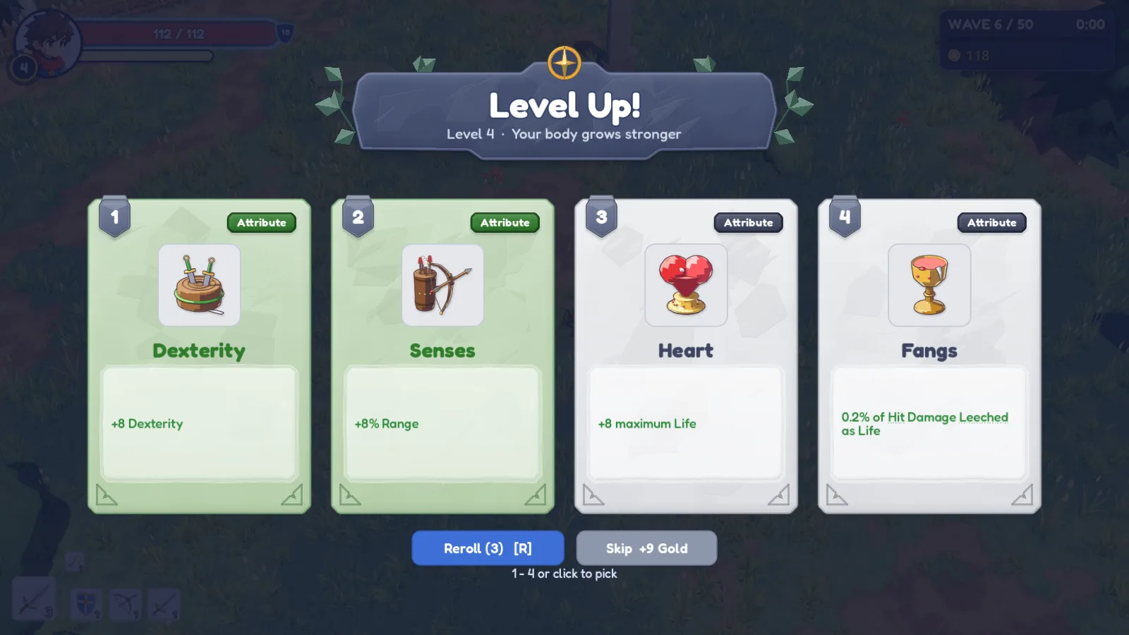 Level up: pick 1 of 4 body cards