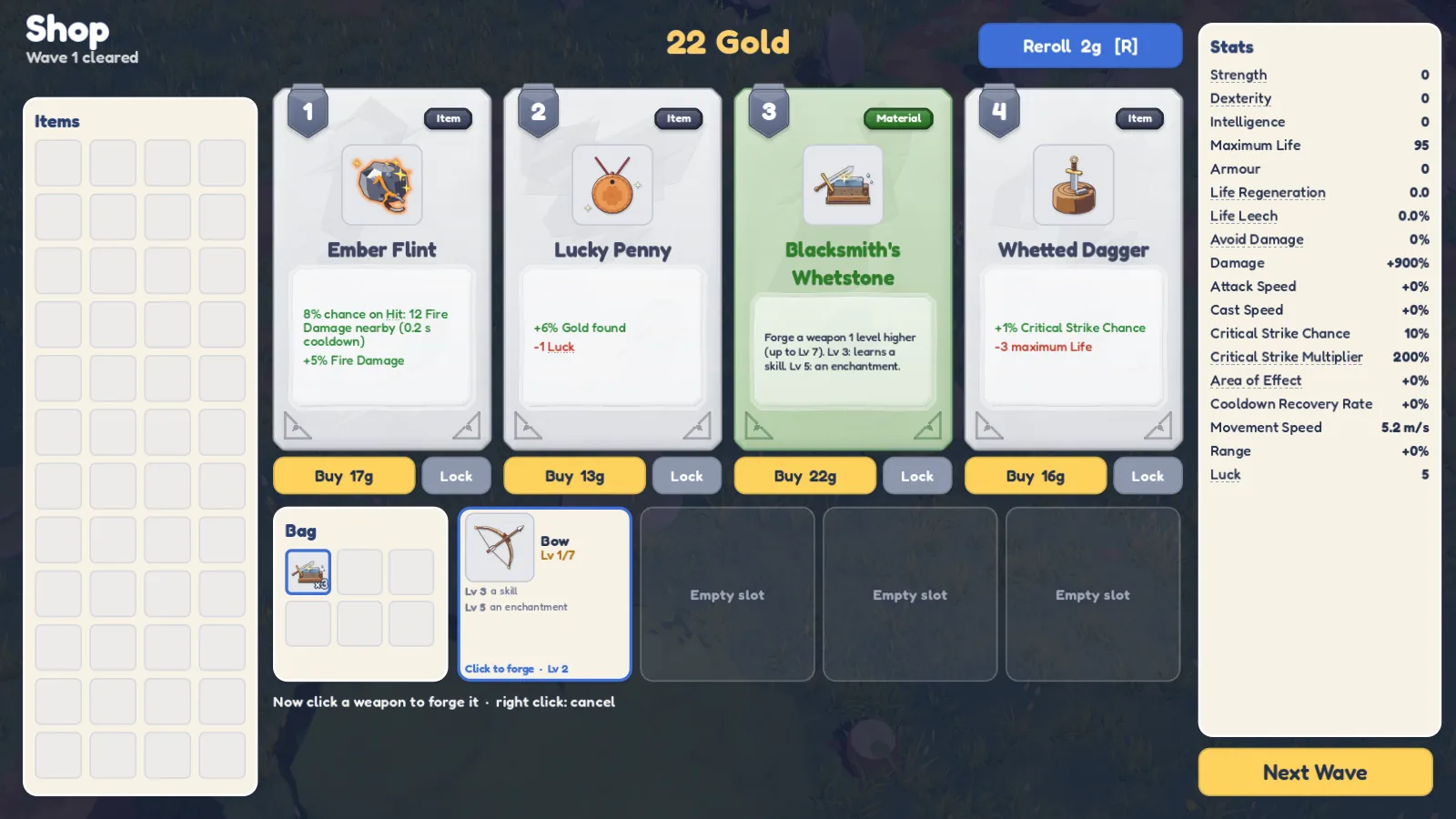 The shop after a wave: items, a Blacksmith's Whetstone and the hero's stats